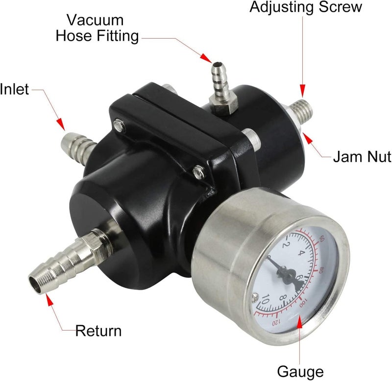 BARTOO طقم منظم ضغط الوقود القابل للتعديل العالمي، منظم وقود من الألمنيوم، منظم ضغط حقن الغاز والزيت القابل للتعديل مع مقياس 0-140 PSI - أسود - Image 4